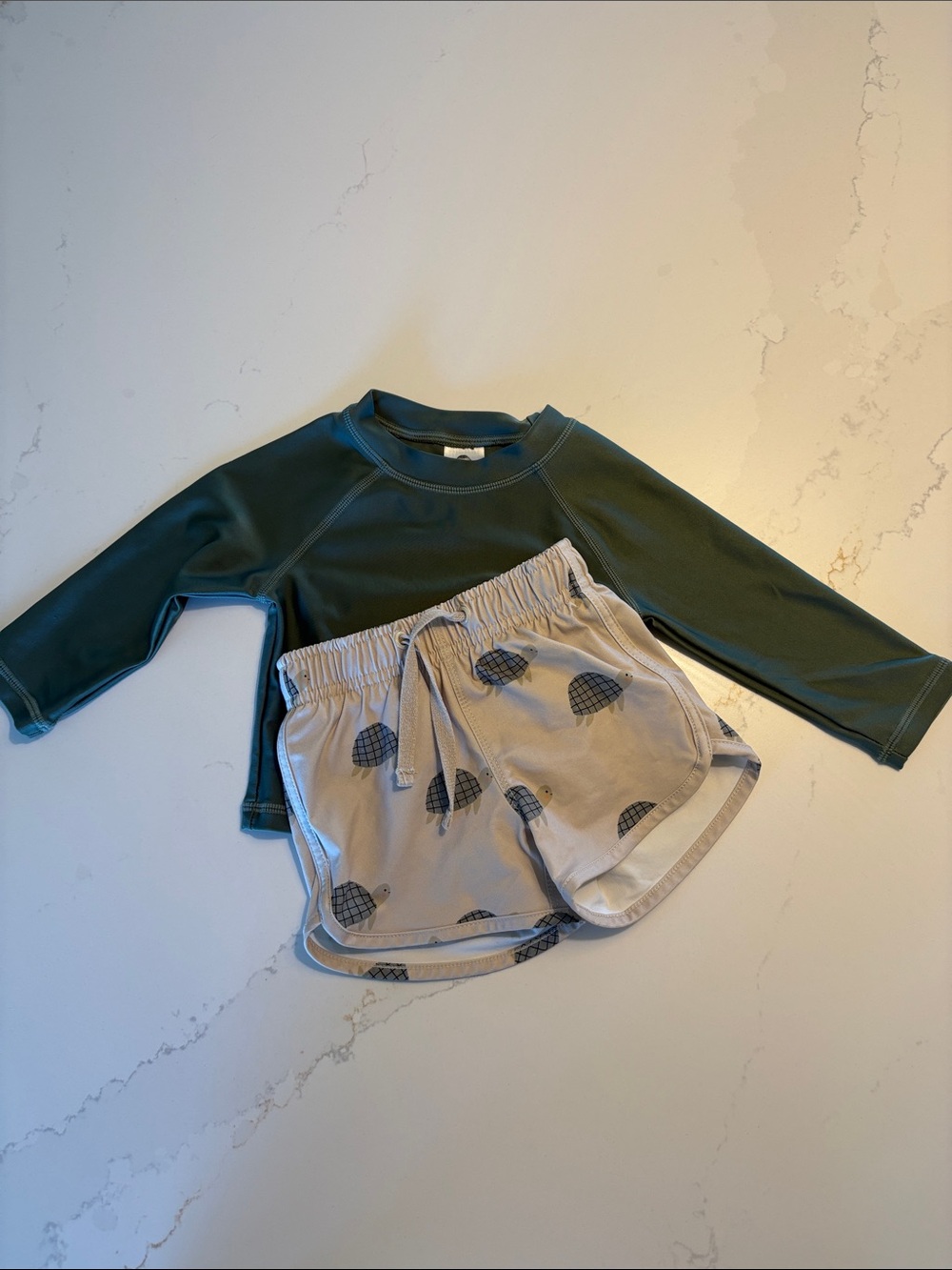 Kids Long-Sleeve Swim Rash Guard Set in Forest Green and Beige